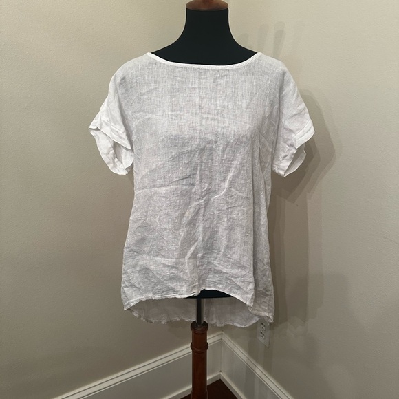 White Women's Top EUC Terzo Millennio White Linen Button Back High Low Blouse - Picture 2 of 11